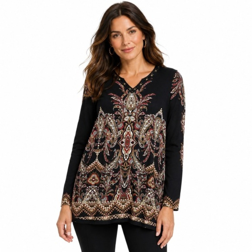 Susan Graver Artisan Paisley Beaded Tunic Top‎ Boho Jersey Knit NWT L